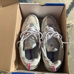 Woman Running Shoes Size 9 Silver White Dark Pink Grey